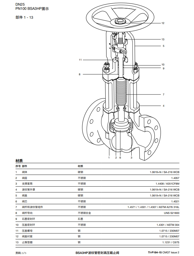 斯派莎克波紋管密封高壓截止閥BSA3HP結(jié)構(gòu)，材質(zhì)